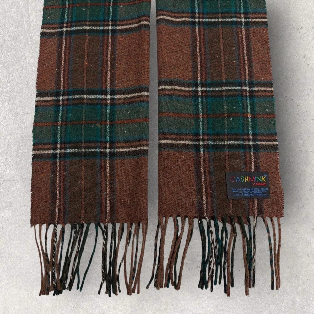V. Fraas Cashmink Scarf Mens Brown Green Plaid Check Made in Germany RN66349